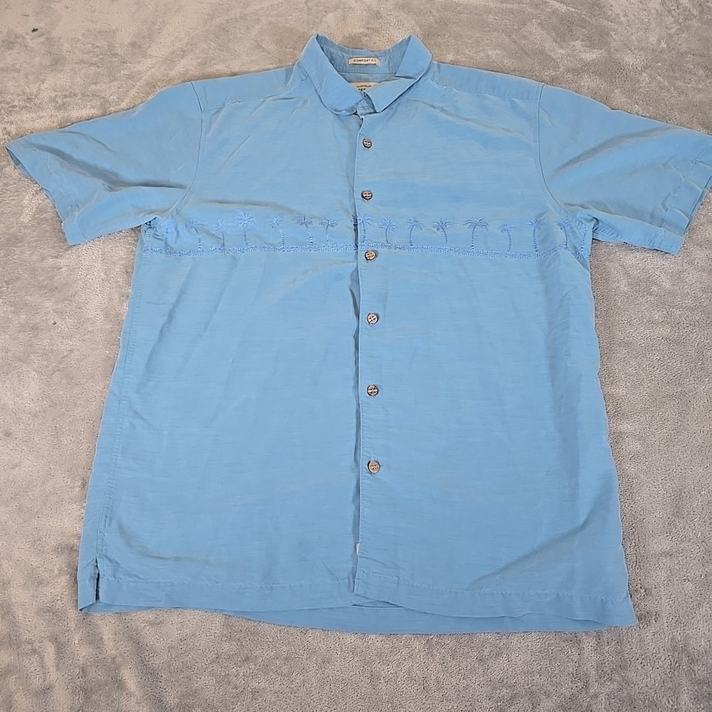 Quiksilver Shirt Mens L Blue Waterman Collection Palm Trees Comfort Fit Casual